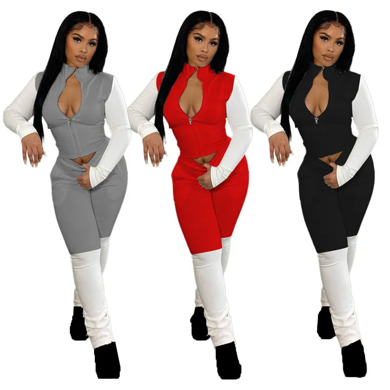 

WUHE Color Block Patchwork Tracksuit Zipper V Neck Long Sleeve Top + Pants Slim Two Piece Set Women Fall Clothes