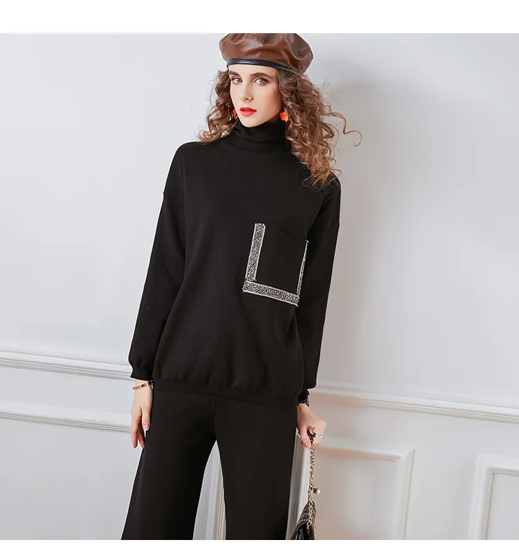 

Женский офисный комплект из двух предметов, элегантный Хлопковый пуловер с высоким воротником и брюками, трикотажный комплект с карманами и эластичной талией для осени