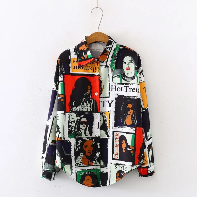 Модная женская блузка в винтажном стиле с мультяшным принтом рубашка отворотом