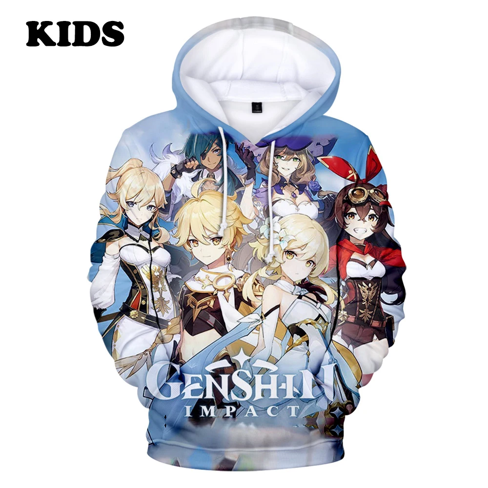 

Толстовка с капюшоном для детей от 2 до 14 лет, толстовка с принтом героев мультфильмов Genshin, мужская и женская толстовка, Повседневная Толстовка для студентов на весну и осень