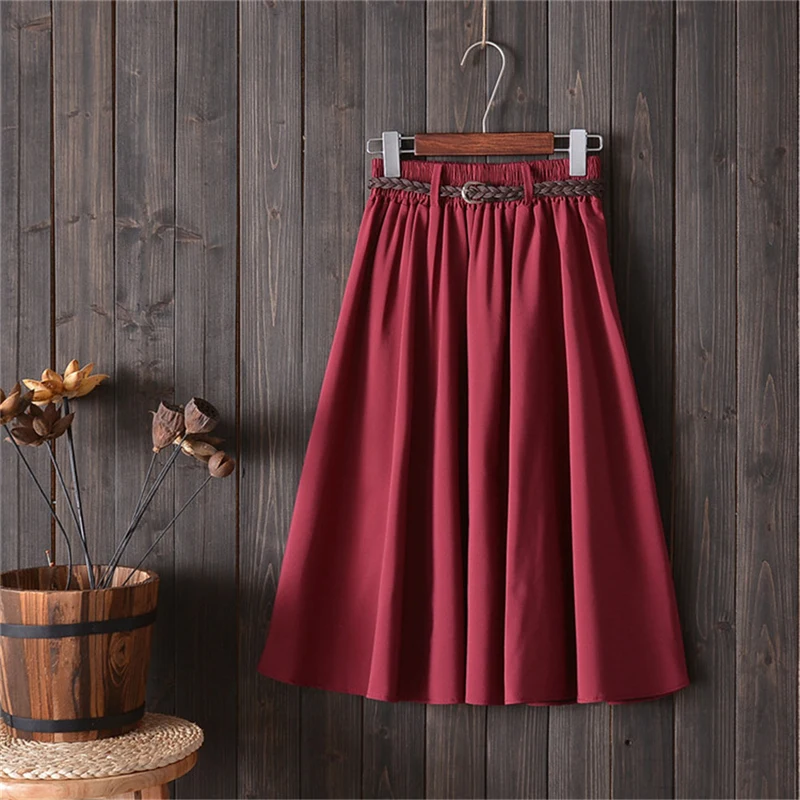 

Summer Autumn Skirts Womens 2019 Midi Knee Length Korean Elegant High Waist Skirt With the Belt Female Pleated Casual Skirt