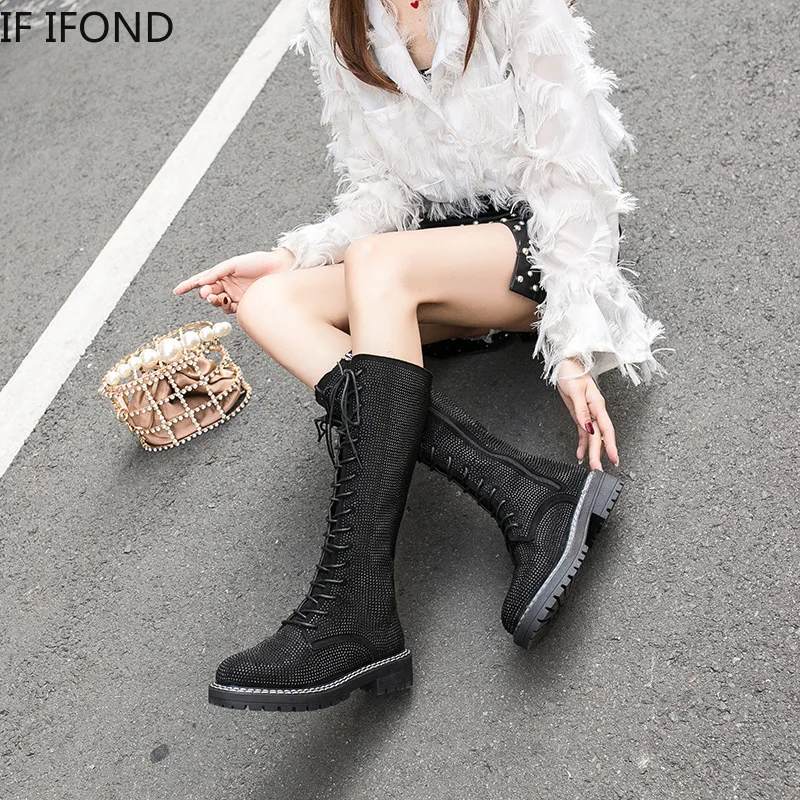 Если IFOND женские мотоциклетные ботинки сапоги до колена Замшевые высокие стразы