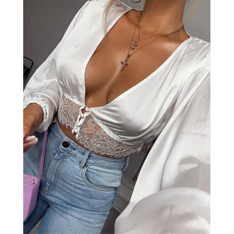 Блузка женская кружевная с длинным рукавом и V-образным вырезом |