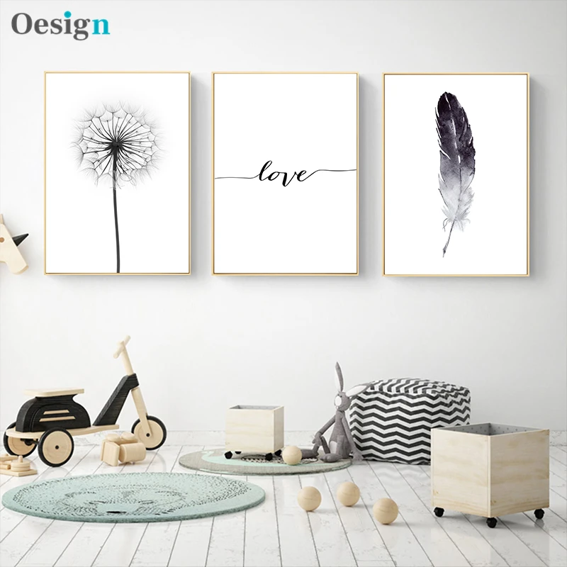 

Black and white dandelion feather painting poster and printed letters love wall art canvas painting home picture wall decoration