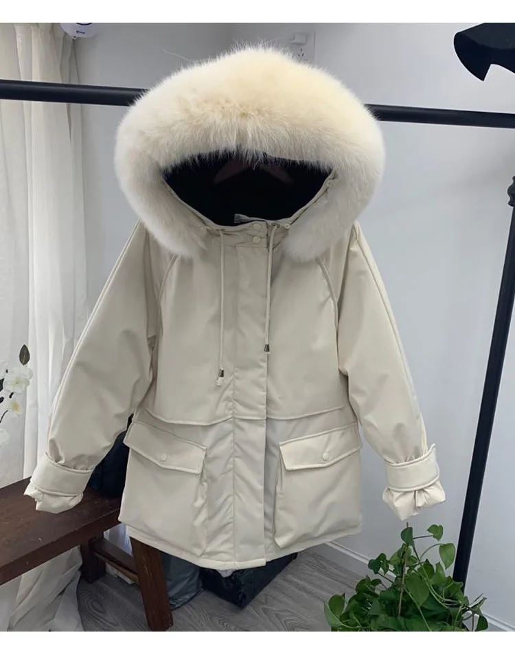 Женская куртка на утином пуху свободная парка натуральном меху с капюшоном зима