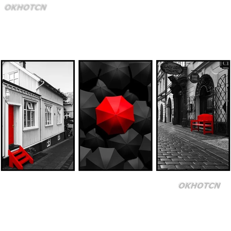 Настенные художественные картины холст живопись черный и белый красный зонт