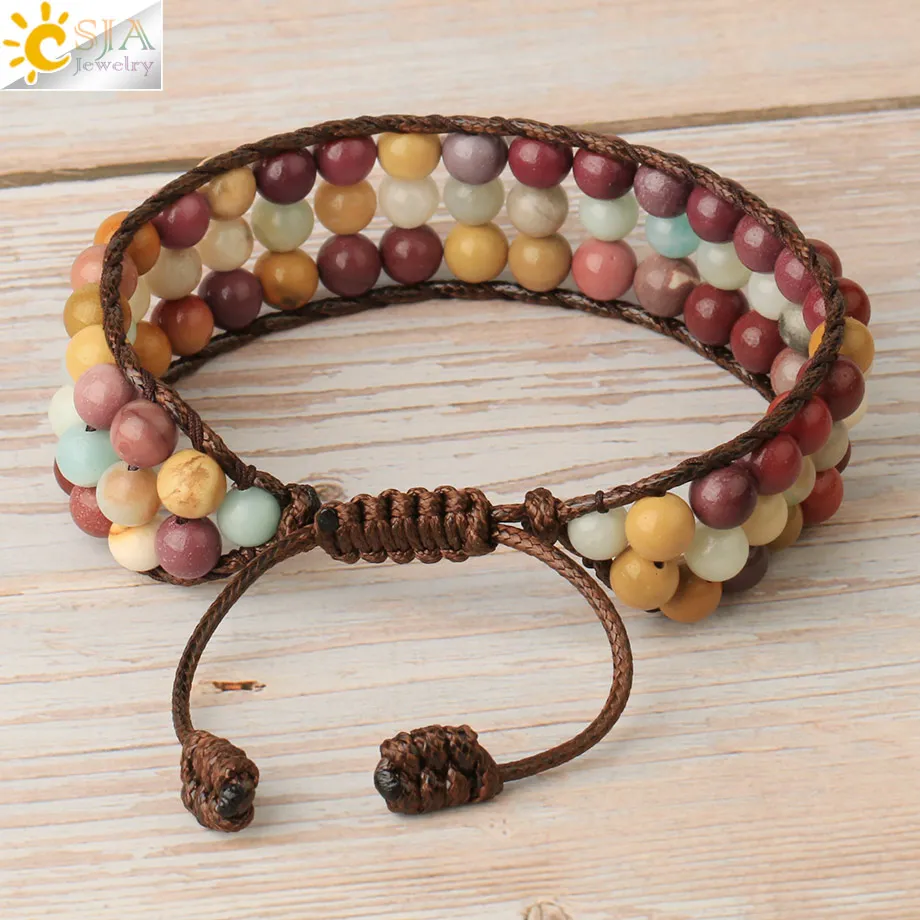 Плетеный браслет CSJA многослойный из натурального камня Амазонит бирюза для