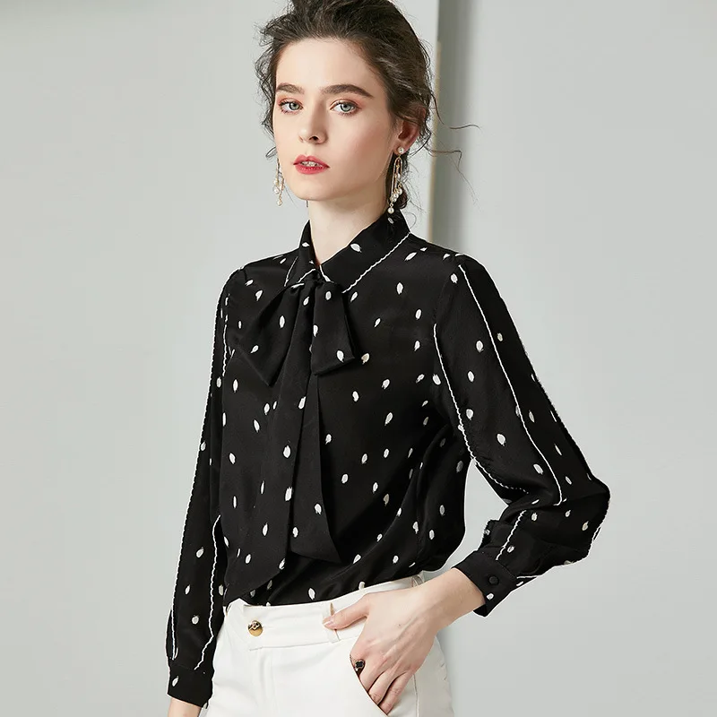 Женская шелковая блузка с бантом Элегантная черная рубашка отложным воротником