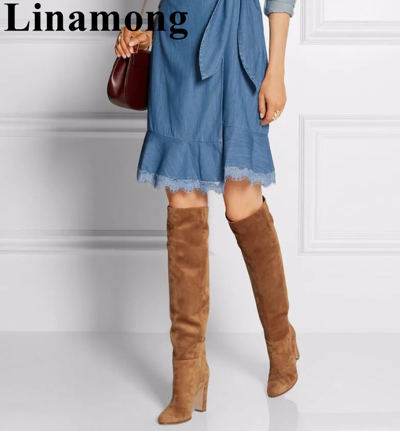 

Сапоги женские зимние коричневые выше колена, на квадратном каблуке, с круглым носком