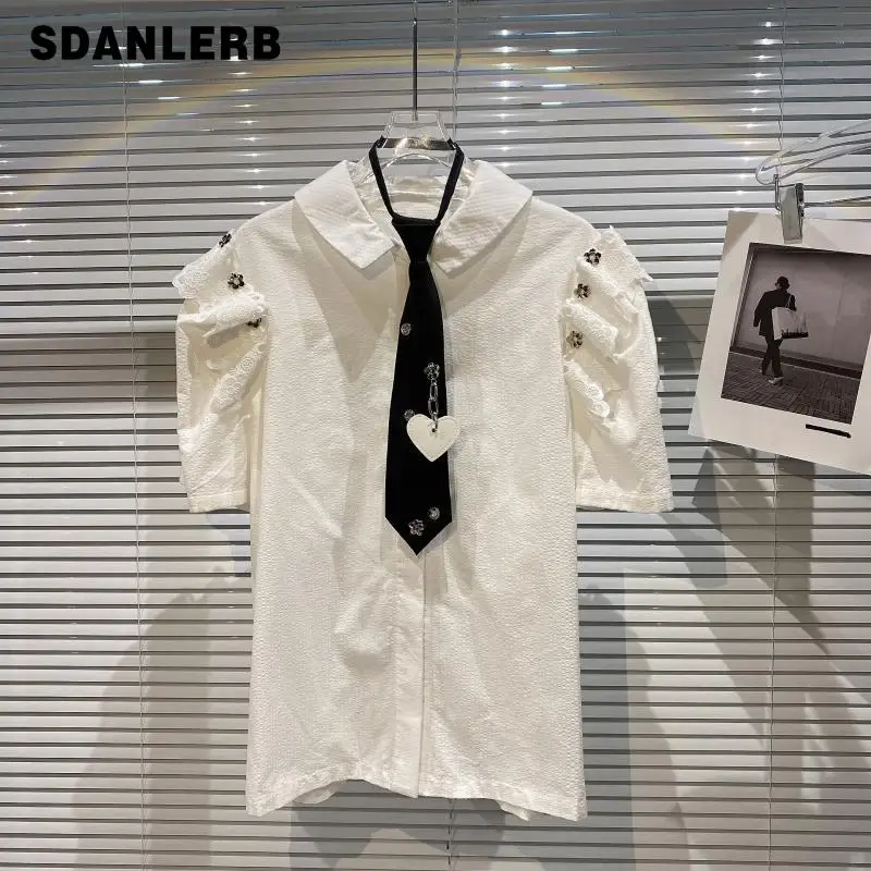 

Женская рубашка с коротким рукавом, белая блузка свободного покроя с цепочкой и кулоном, лето 2021