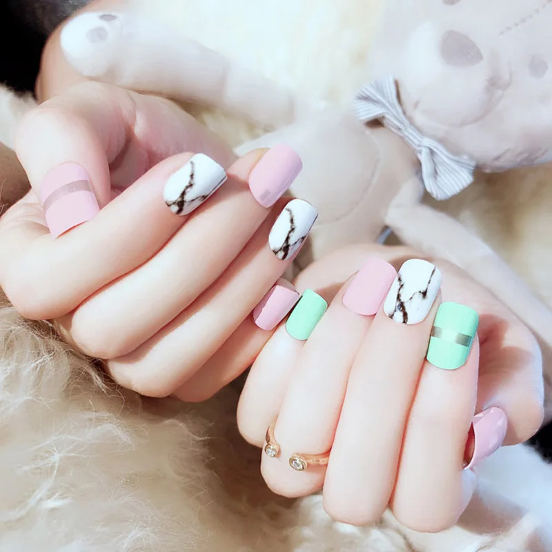 24 шт./кор. с 2 г клеем для девочек милый Желейный мраморный узор накладные ногти