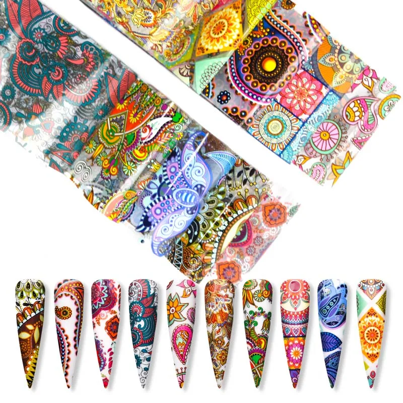 10 наборов голографической фольги для ногтей с переводной бумагой со звездами и цветами, наклейки-декали, летние самоклеящиеся фольги для трехмерного маникюра ZJT4031