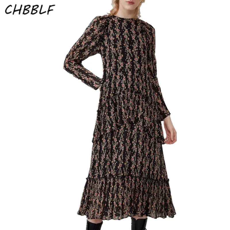 CHBBLF женское элегантное плиссированное платье с цветочным принтом миди длинным