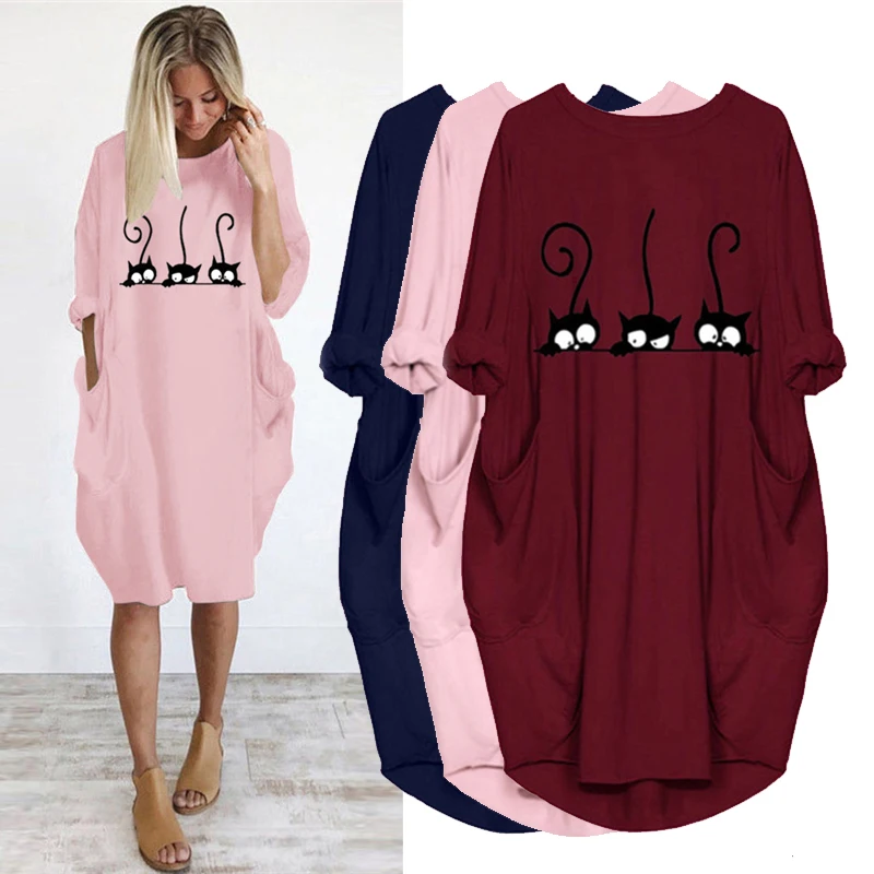 Платье женское с длинным рукавом и карманами повседневное свободное вечерние