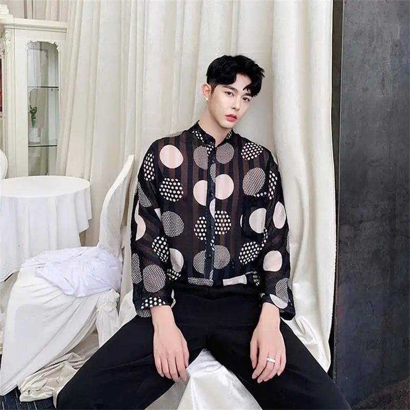 Men's Long-Sleeve Shirt Spring And Summer New Wave Point Gentleman Mature Stand Collar Leisure Loose Seven-Point Sleeve Shirt