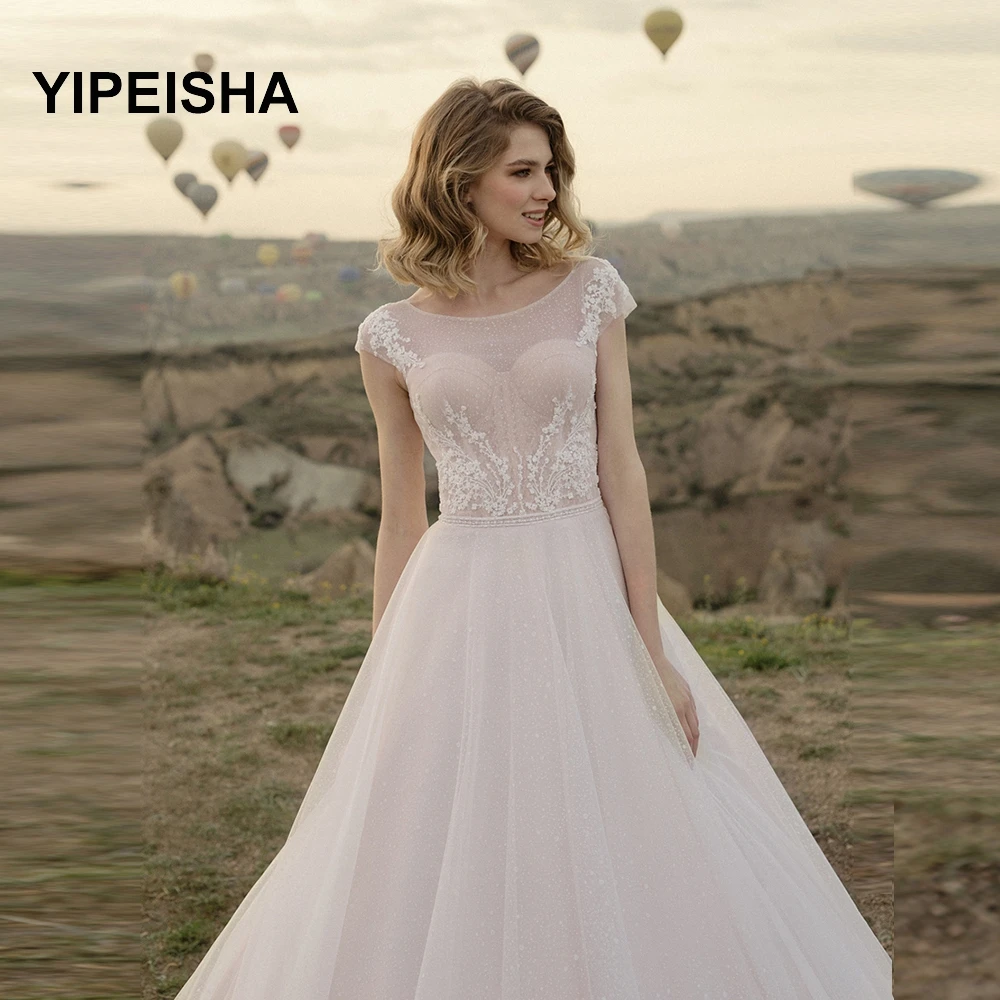 

Sparkle Wedding Dress Exquisite Short Sleeve Princess Ball Gown Sweep Train Lace Appliques vestidos de novia