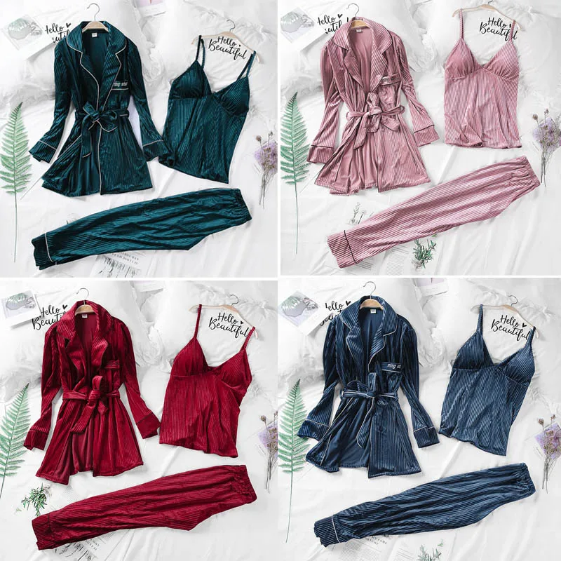 Золотые бархатные женские пижамные комплекты из 3 предметов однотонные