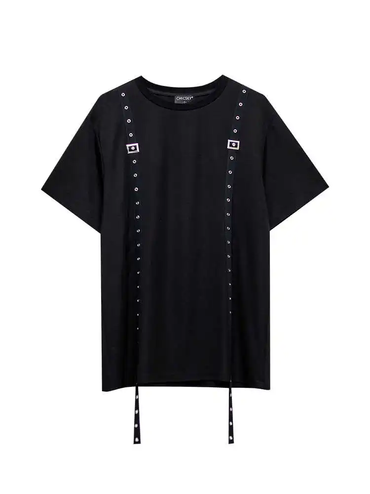

[EAM] Women Black Tie Dye Ribbon Big Size Long Casual T-shirt New Round Neck Half Sleeve Fashion Tide Spring Summer 2021