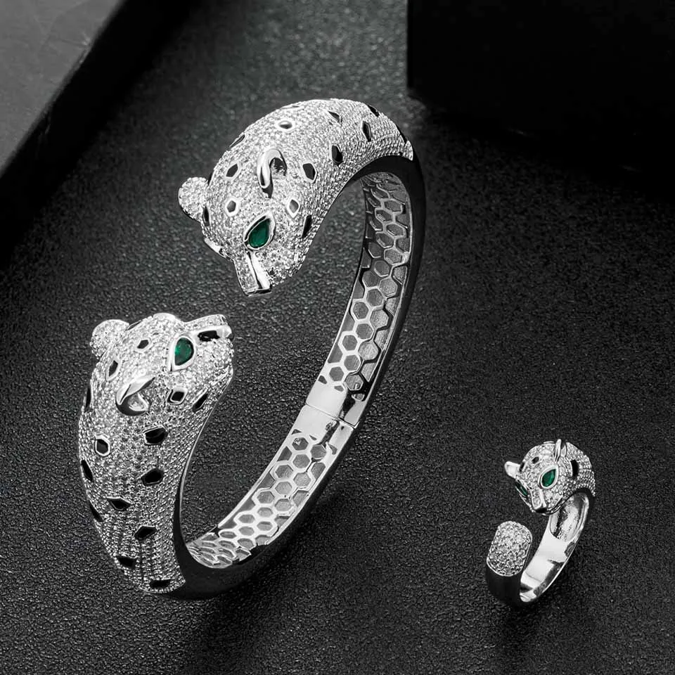 

Женская большая форма леопарда мужской свадебный браслет и кольцо с животными Ювелирные наборы с полным покрытием из циркония браслет коль...