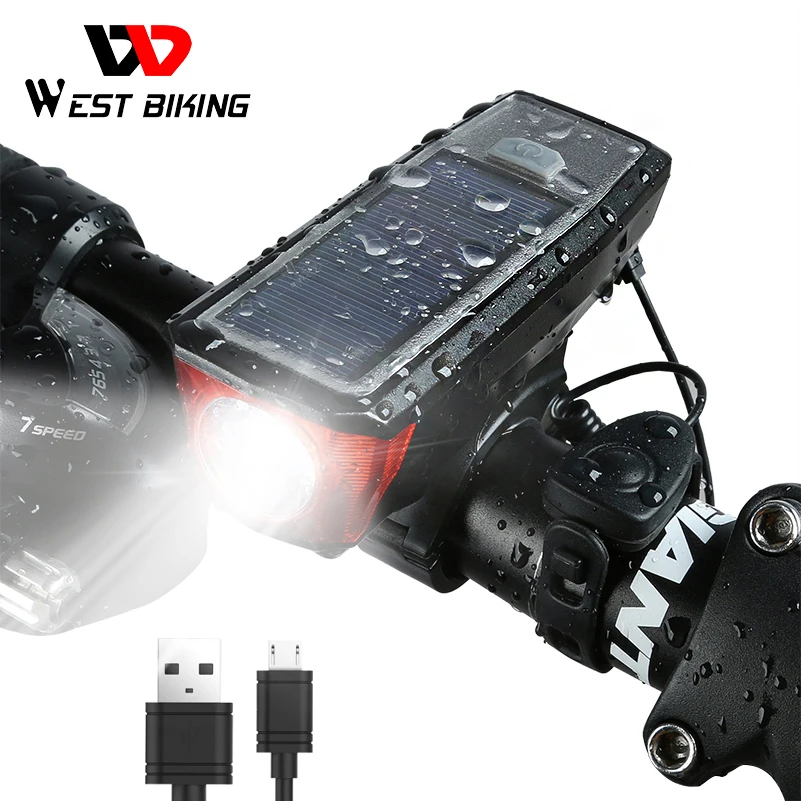 

WEST BIKING Solar Power Bike Light Waterproof 350 Lumen Bicycle Bell Light LED USB Rechargeable Lamp Front Headlights Bike Light