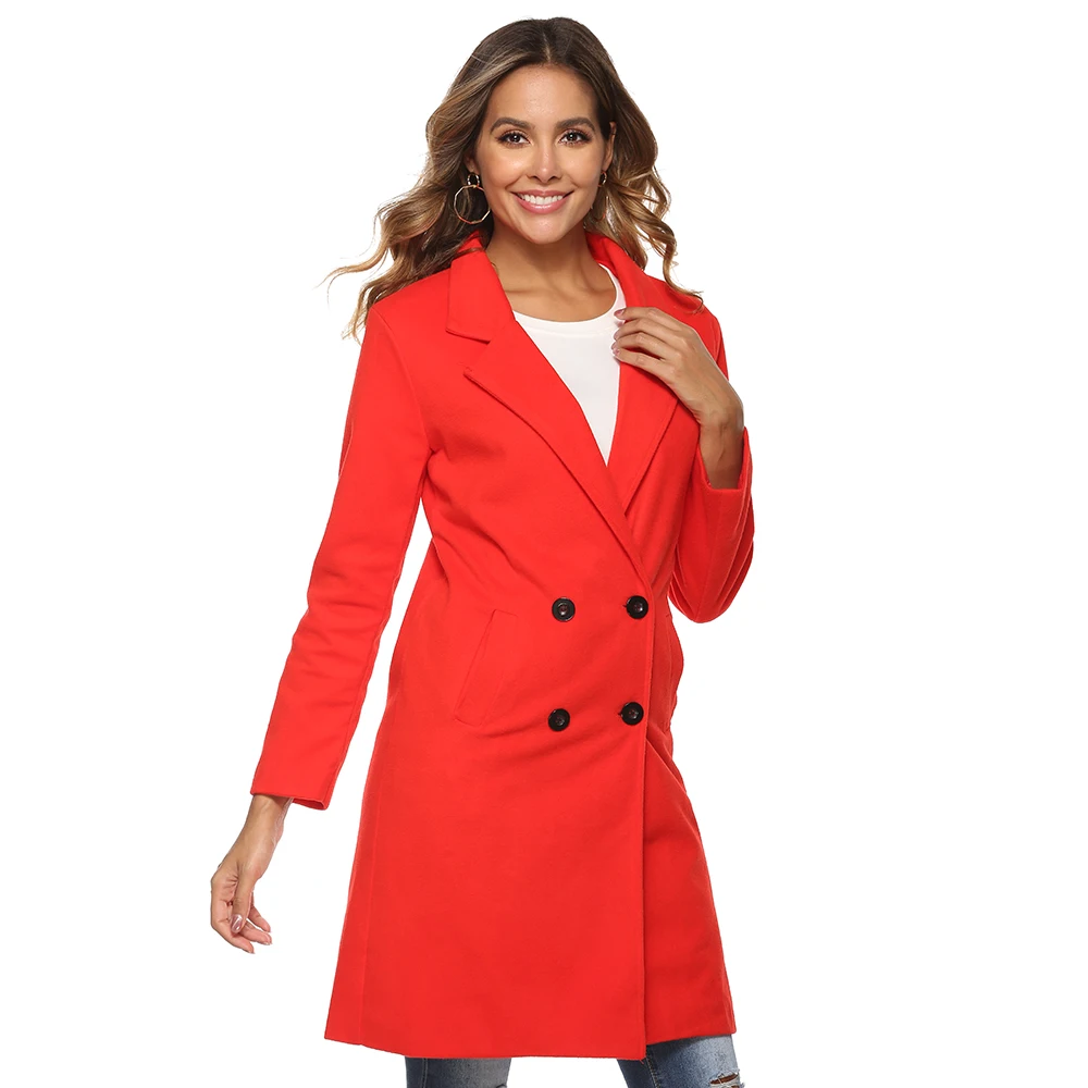 Женское осенне зимнее шерстяное пальто с длинным рукавом и отложным