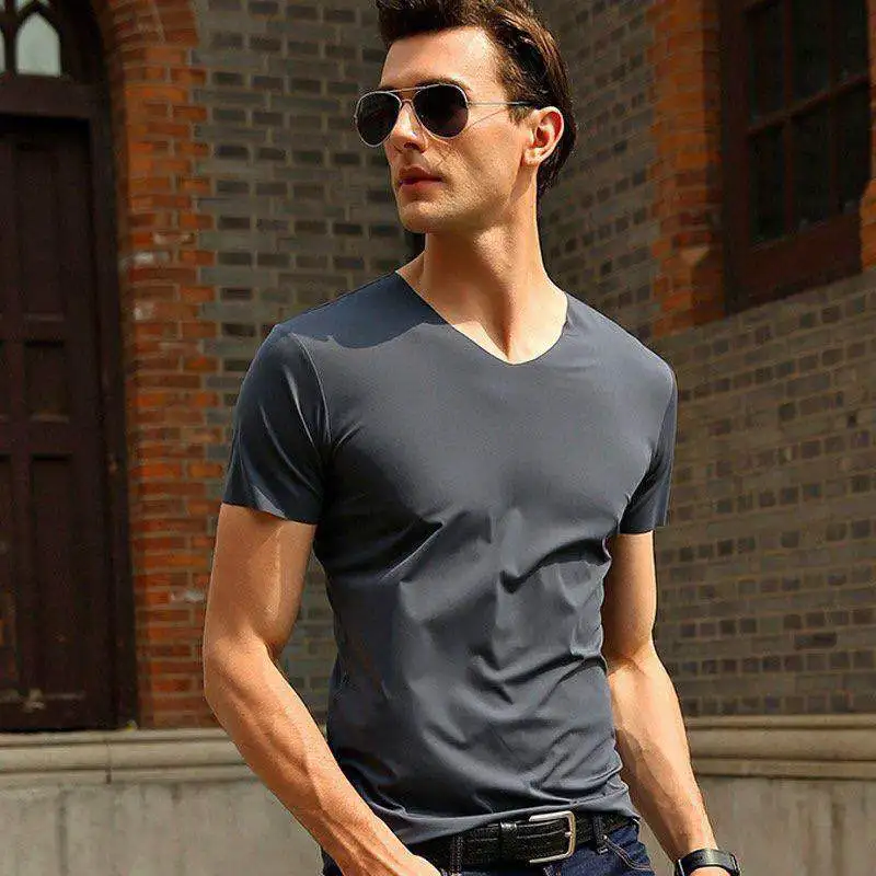 

Men's Short-Sleeved T-shirt V-neck Top Summer Seamless Men's Ice Silk High Elasticity Solid Color Large Size Men's Chirt T-shirt