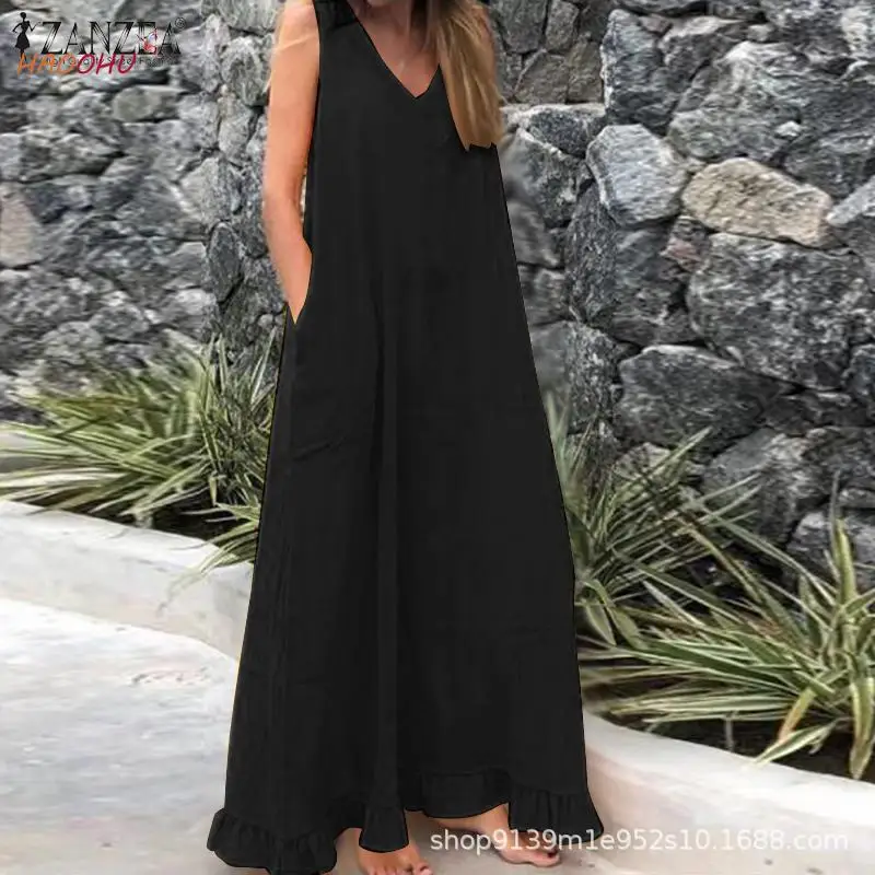 

HAOOHU Plus Large Big Size Dresses Woman Summer 2021 Ladies Sleeveless V-Neck Light Floor Length Maxi Dress Elegant Beach Casual