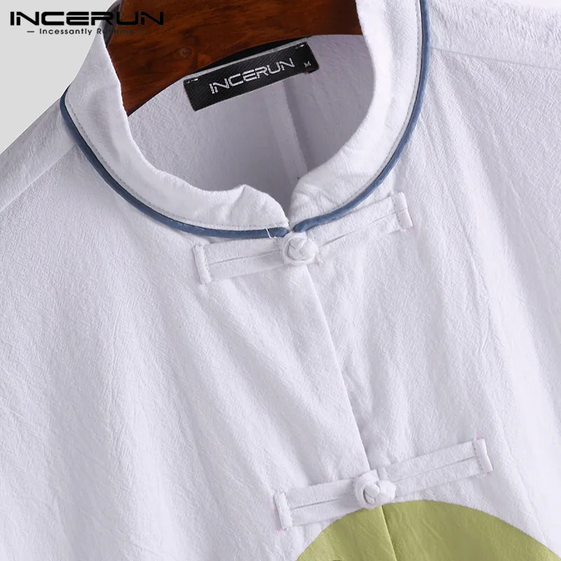 

Chinese Style Shirt Men Printed Cotton Button Short Sleeve Vintage Tops Loose Stand Collar Retro Shirts Men Camisas INCERUN 2021