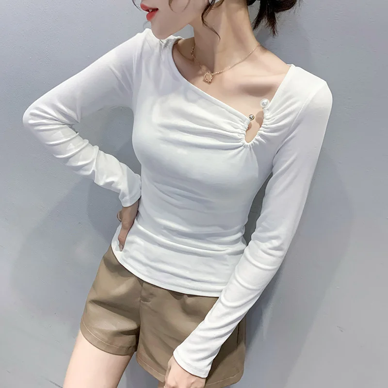 

#5871 Black White Purple Irregular V Neck Long Sleeve T Shirt Women V-neck Sexy Club Women's T-shirt Cotton High Quality Fashion
