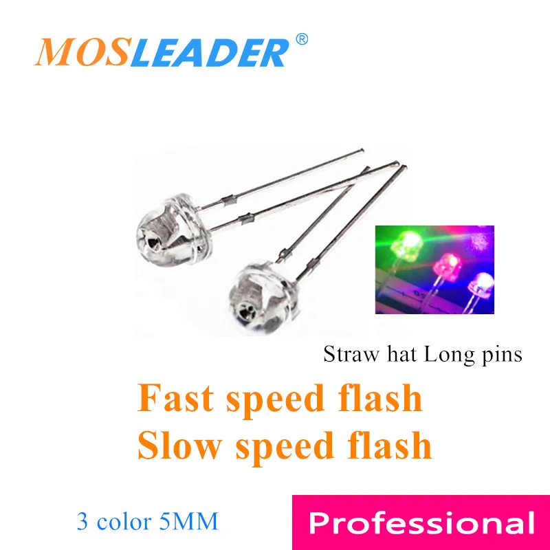 Mosleader 5 мм 1000 шт. соломенная шляпа Светодиодный быстрая вспышка медленная вспышка светодиодный RGB длинные контакты трехцветный 2P Прозрачный Красный Зеленый Синий 3 цвета