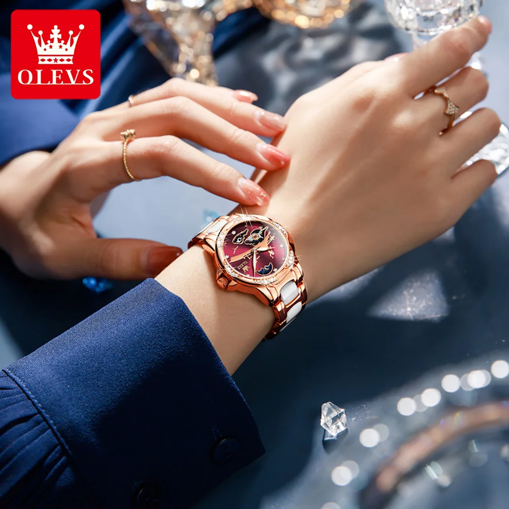 OLEVS New Luxury Ceramic Water Resistant Classic Fashion Design Women Wrist Watch Top Automatic Mechanical Lady Rhinestone Watch enlarge