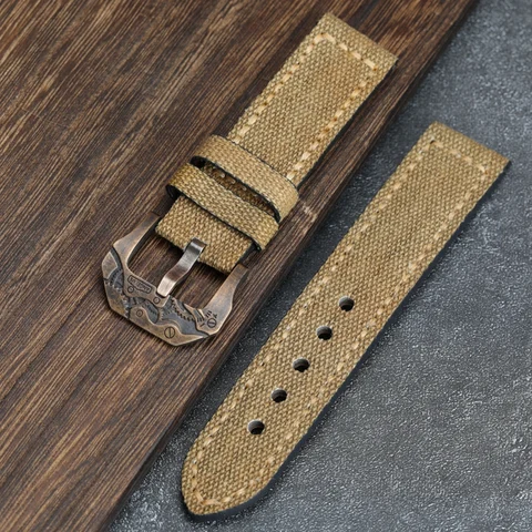 Ремешок ручной работы из холста и кожи для наручных часов 20 22 24 26 мм, совместимый бронзовый браслет с персонализированной бронзовой пряжкой