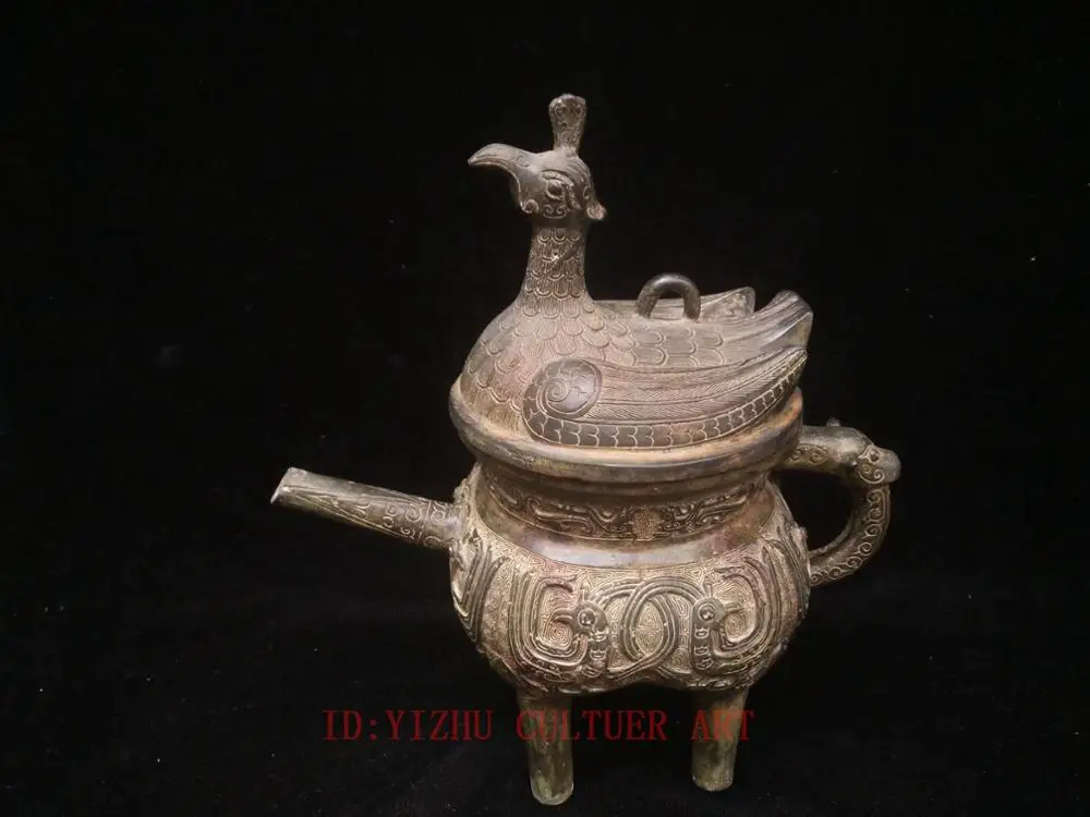 

YIZHU CULTUER ART large Collecting Ancient China Bronze Carved Phoenix Beast Wine Pot Jar H11 inch