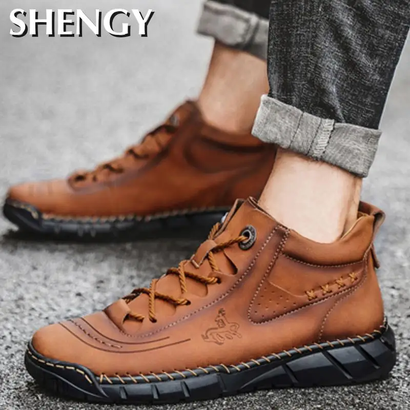 

Уличные ботинки; Мужские повседневные ботинки из натуральной кожи; Ботильоны на шнуровке; Мужская дышащая обувь; Модные зимние теплые плюше...