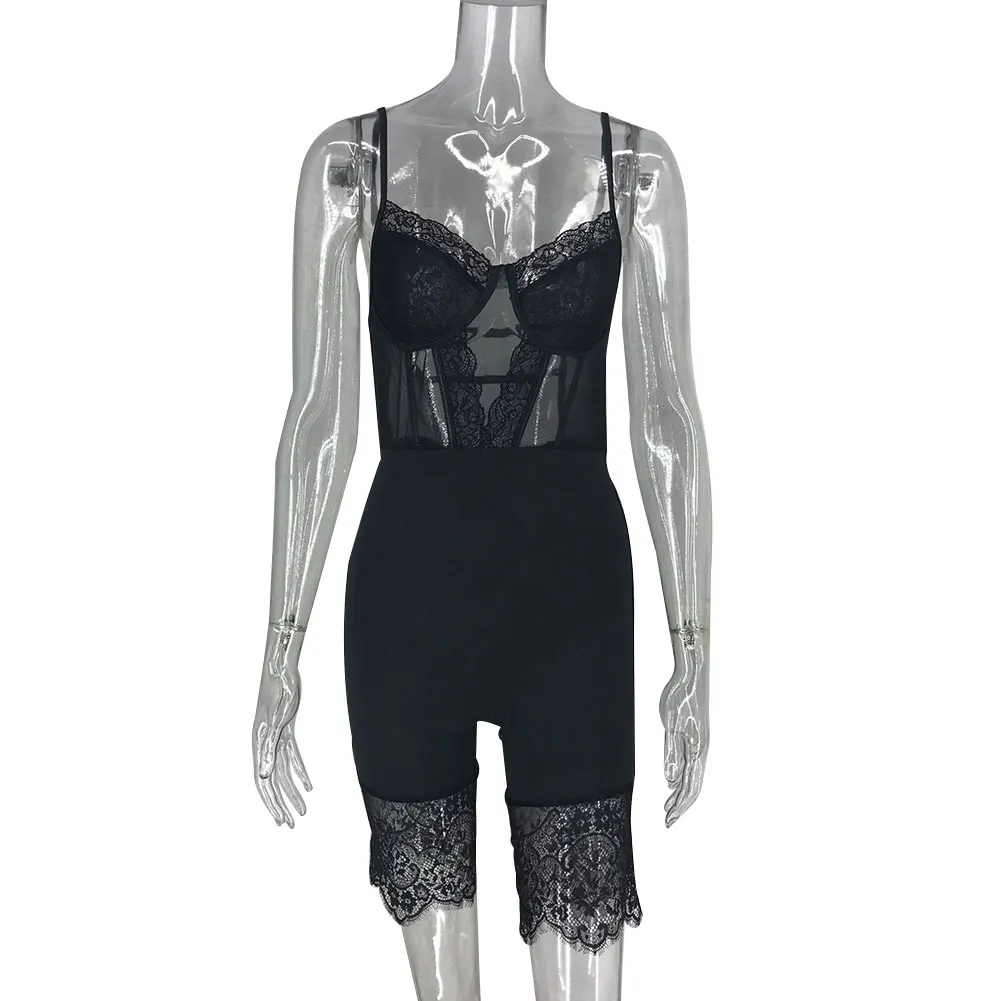 

New Arrival Women Spaghetti Strap Perspective Lace Patchwork Zipper Nightclub Rompers Jumpsuit
