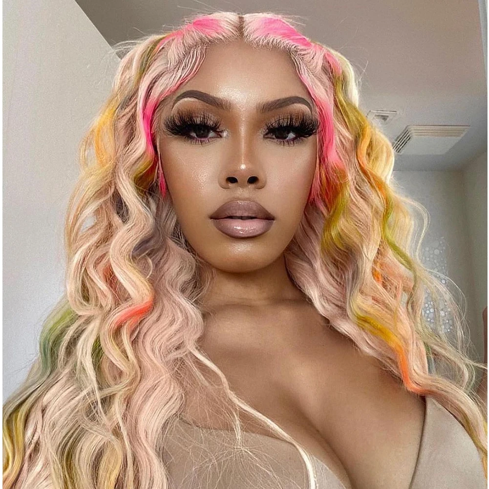 ALIFITOV-Peluca de cabello humano ondulado para mujer, postizo de encaje Frontal de Color arcoíris, pelucas con minimechones transparentes