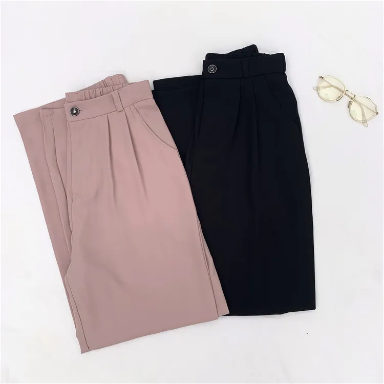 

Women Elastic Waist Pants Formal Ladies Straight Trousers Casual Pink Black Plus Size High Waist Pants Streetwear Korean Pant