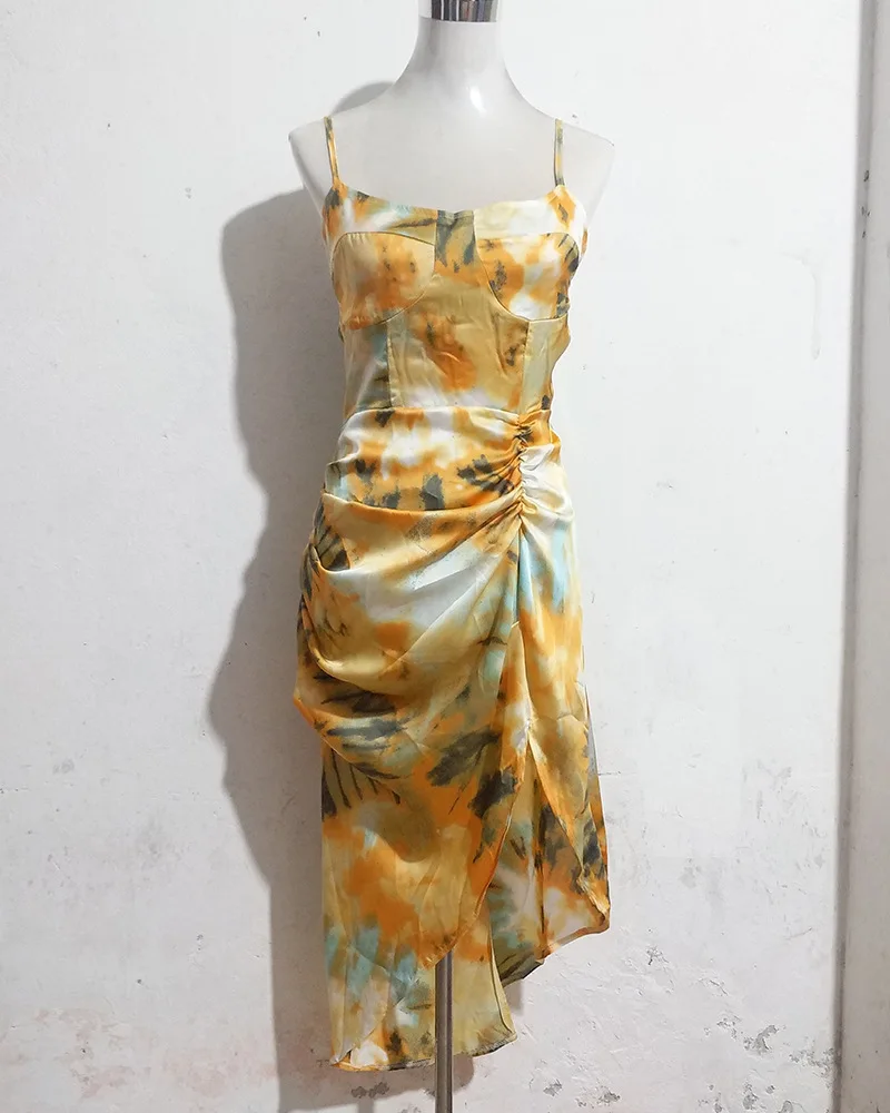 

Floral Printed Dress Woman Summer 2021 Split Pleated Dresses Women Clothing Spaghetti Strap Dress Night Party Robe Vestidos