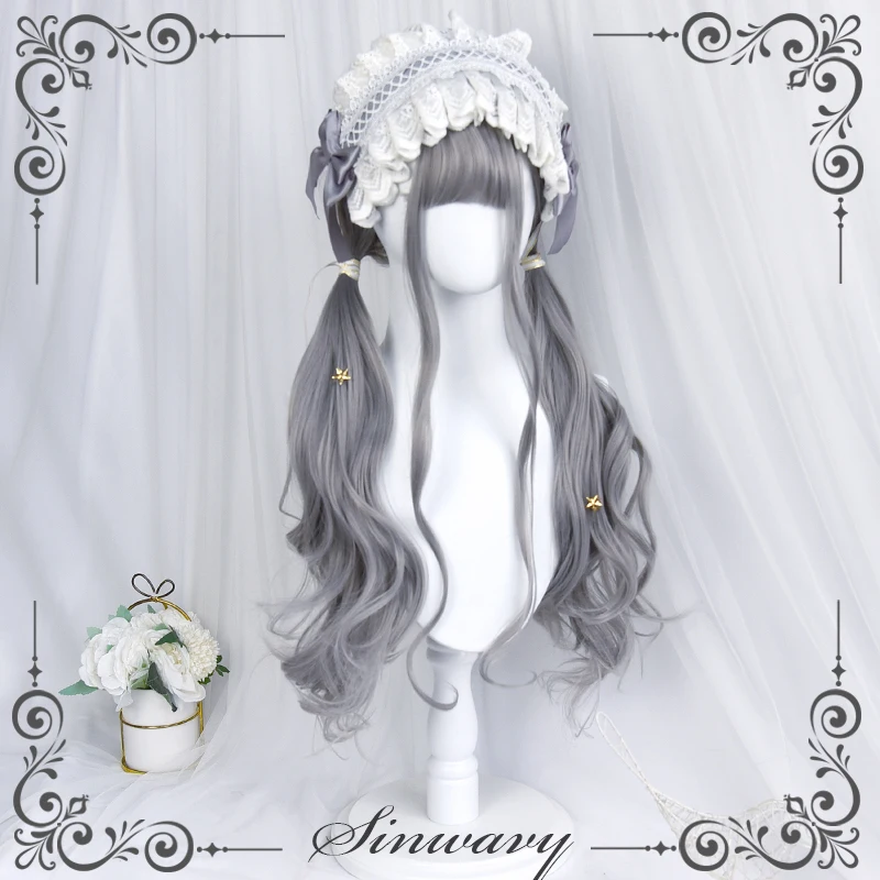 

Gray Lolita Wig Harajuku Princess Wavy Curly 65cm Long Synthetic Hair Gray Bangs Sweet Girls Youtuber Daily Wear