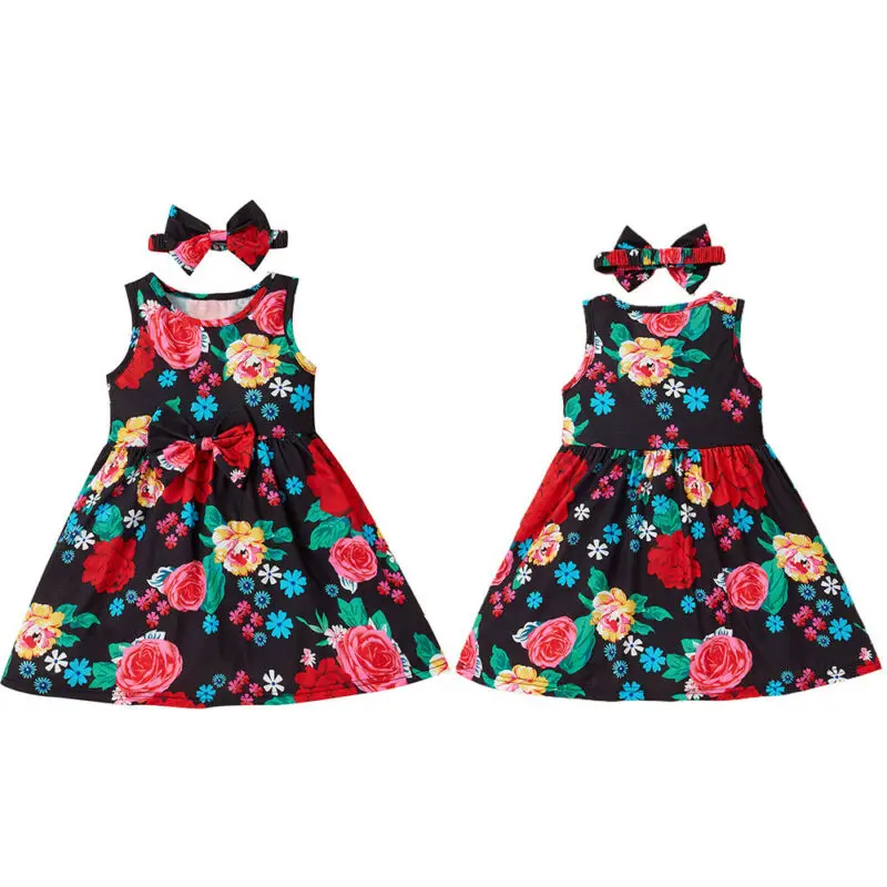 

Kids Girl Sleeveless Dress Summer Red Flower Print Round Neck Cotton Loose Casual Fashion Skirt Butterfly Hair Band
