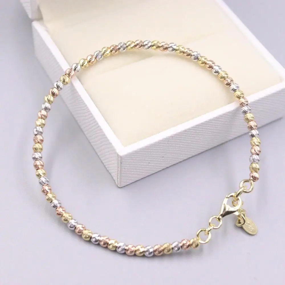 

Pure 925 Sterling Silver Bracelet Width 3mm Yellow Rose White Gold Plated Colour Beads Link Bangle Diameter 58mm
