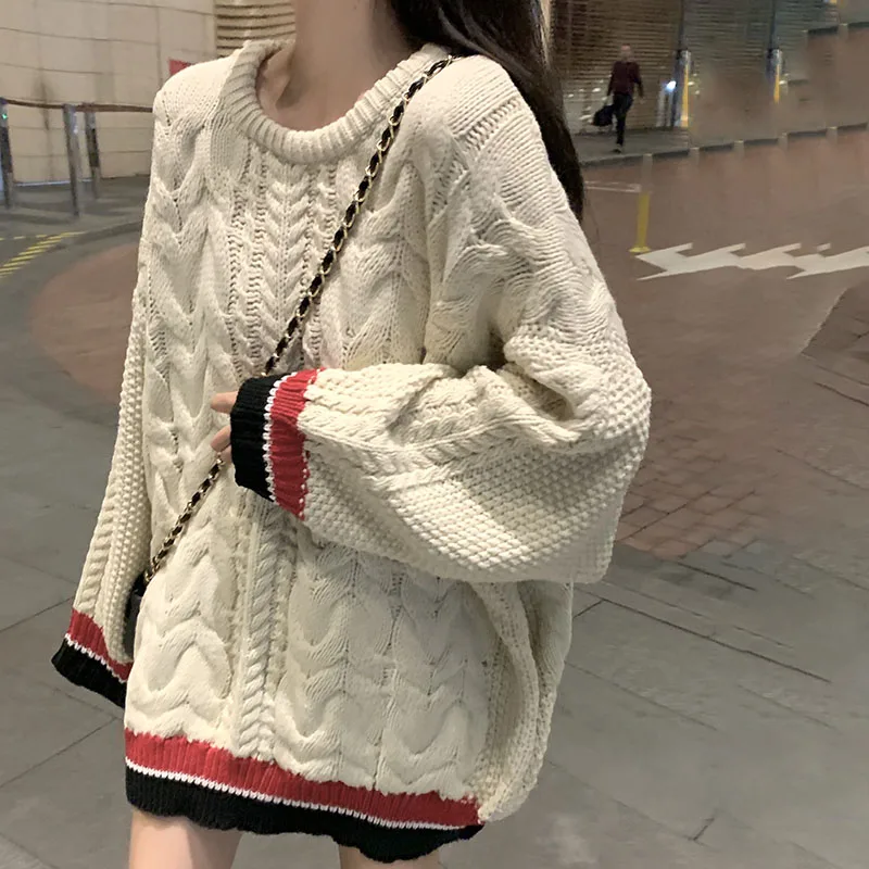 

Vintage Solid Elegant Knitted Pullovers Sweater Loose Korean Casual Warm Lazy Autumn Winter Kawaii Thicken Simple Long Sleeve