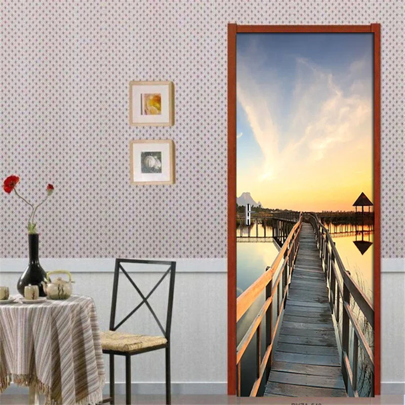 3D наклейки на двери закат морской пейзаж деревянный мост водонепроницаемая