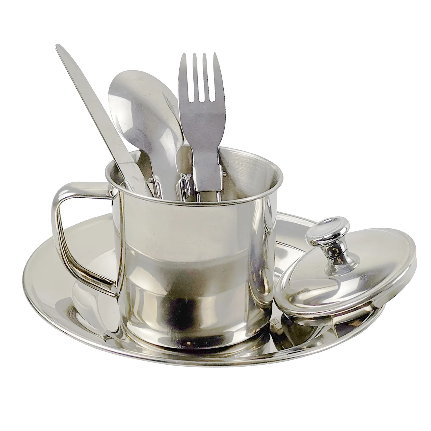 

4 PSC kitchenware Set Portable Camping Tableware Cups Dishes Soup Bowls Knives Forks Spoons Stainless Steel Cookware