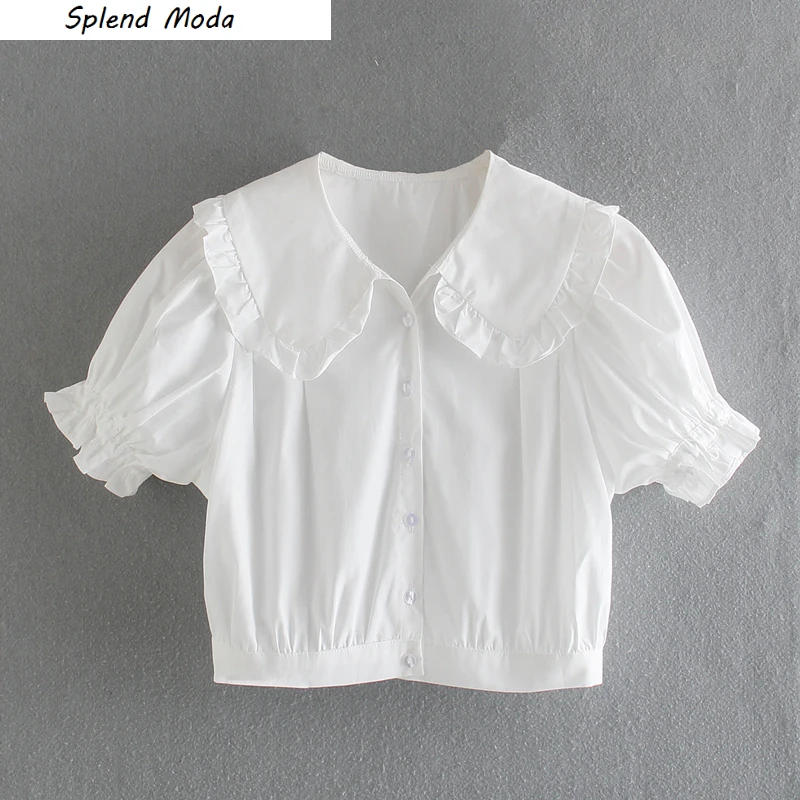 

French Puff Sleeve Peter Pan Collar Top 2021 Summer New Solid Color Loose Single-Breasted Lapel Short Women Shirt Female Chic