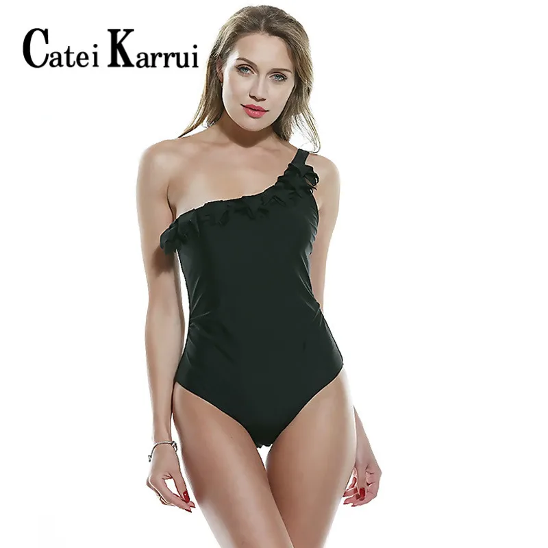 

New women swimwear brand design ruffled one-shoulder one-piece swimsuit feminine solid color high-quality bikini large size 5XL