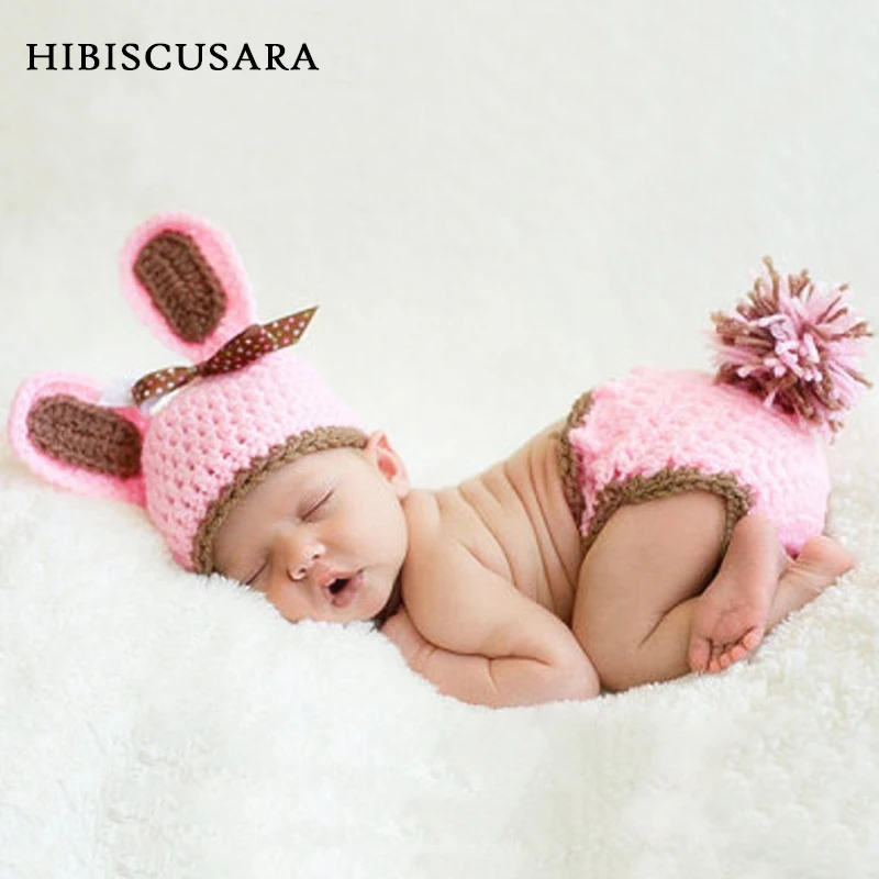 Adorable Newborn Baby Photo Clothing Rabbit Hand Knitted Infant Boys Girls Pictures Outfits Hat Pants 2pcs Set
