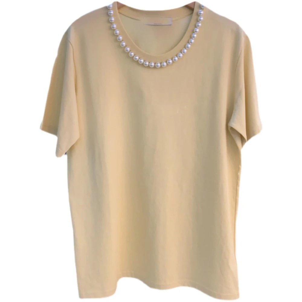 

Fashion Pearl Beading Cotton Short Sleeve T Shirt Woman Elegant Loose Baggy S-XL Black Beige Tops Summer Clothes For Women