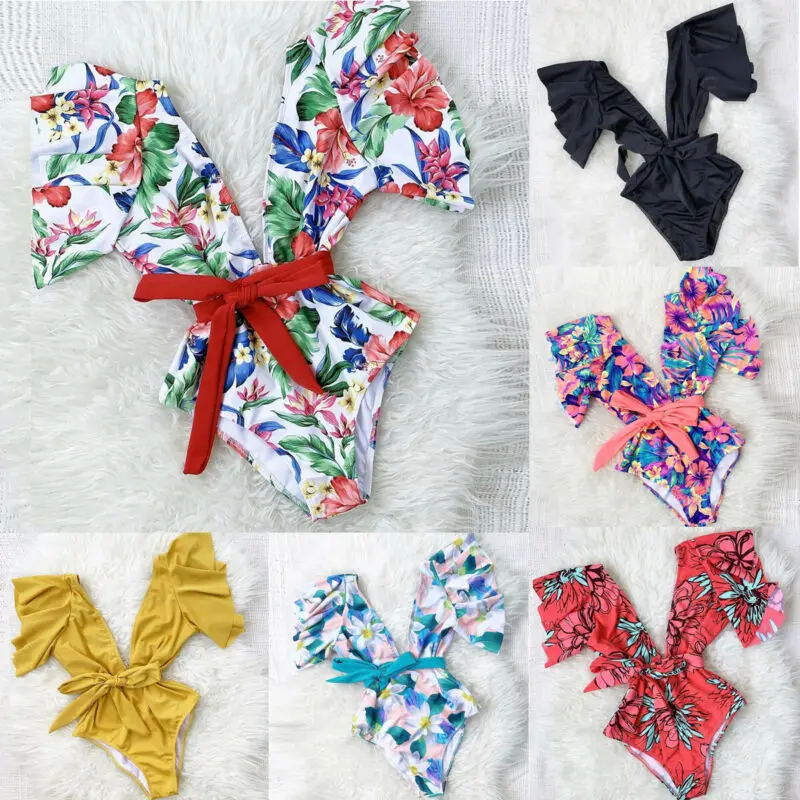 2020 Womens Swimming Costume Deep V Neck Monokini Swimwear Push Up Padded Bikini Floral One Piece Backless Swimsuit Biquini |