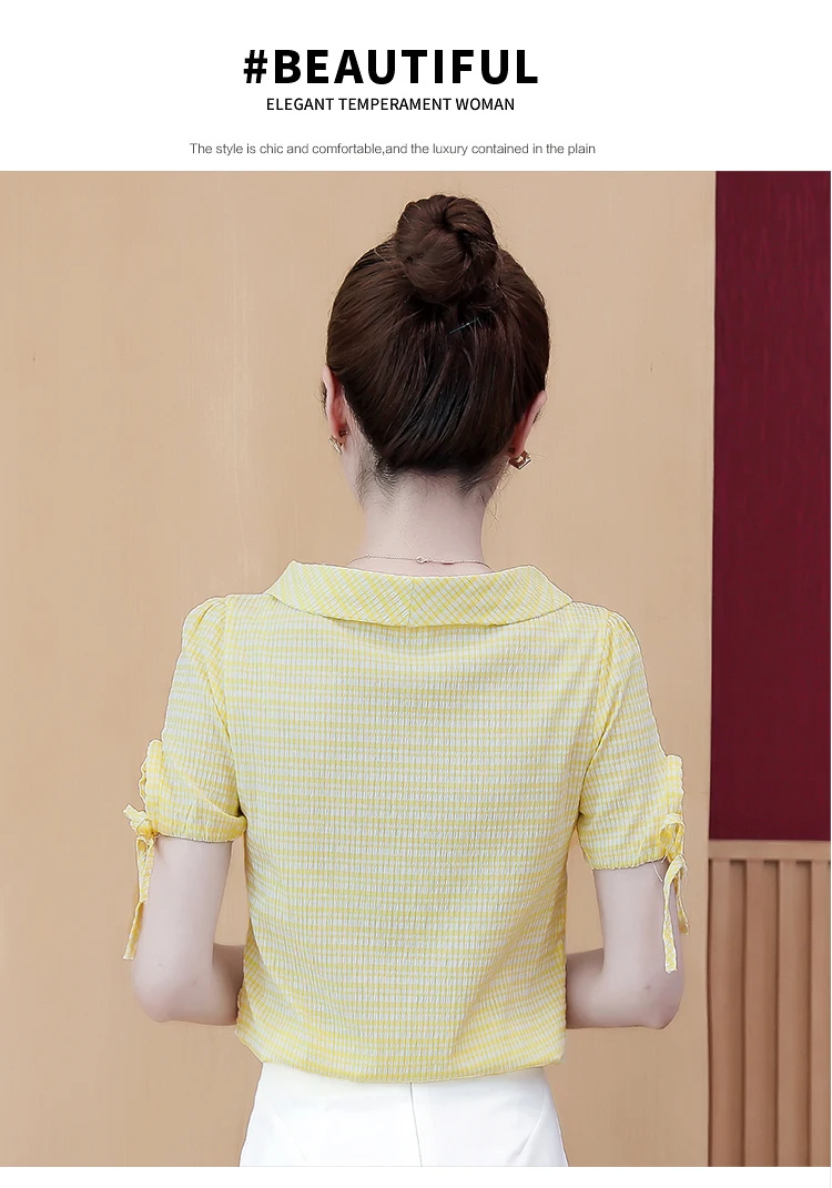 

Chiffon Slim Women's Blouses New Casual Fashion Polo Shirt Lattice Buttons Short Sleeve Tops Summer Houthion Office Lady